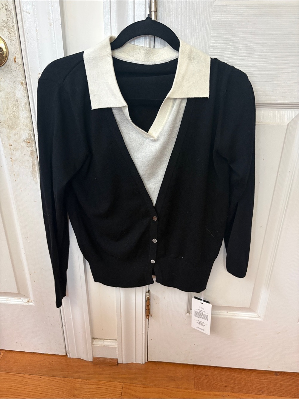 Geli Black and Cream Layered Collared Cardigan look Sweater szL